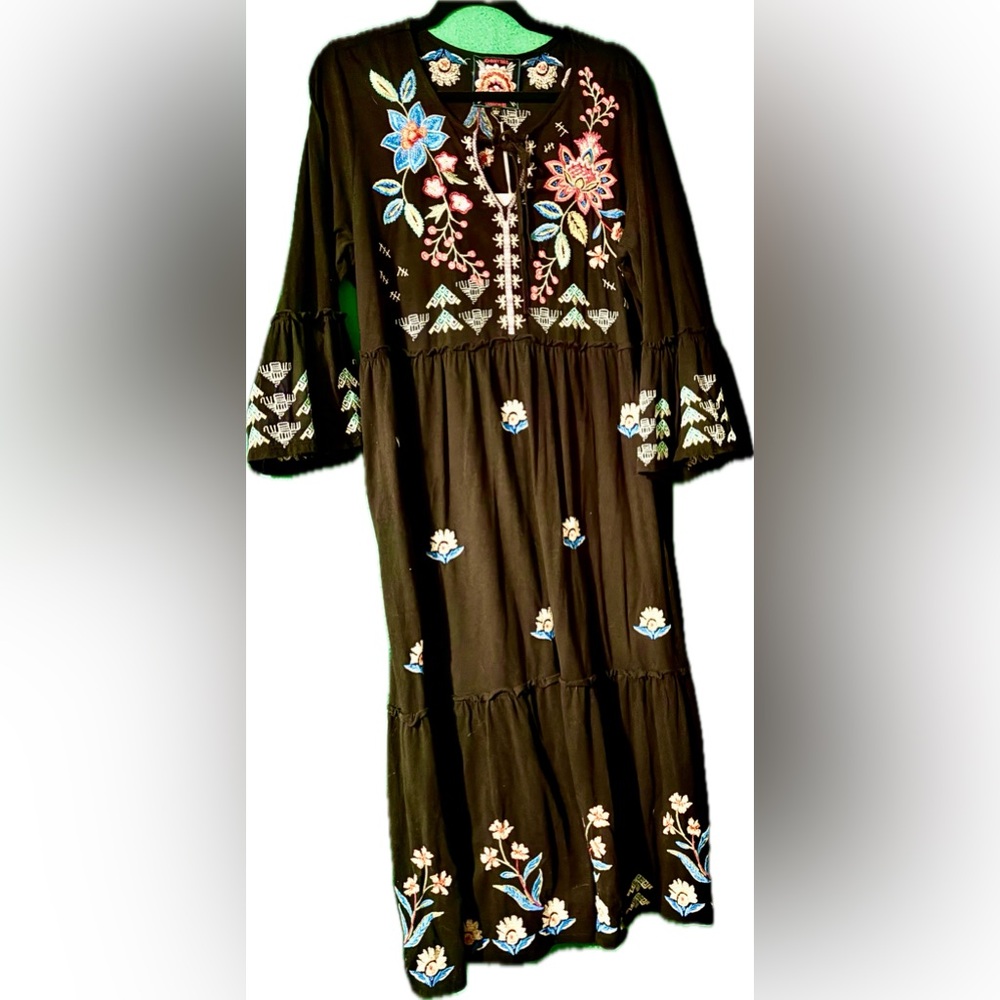 Johnny Was NWT Embroidered Black Floral Dress L